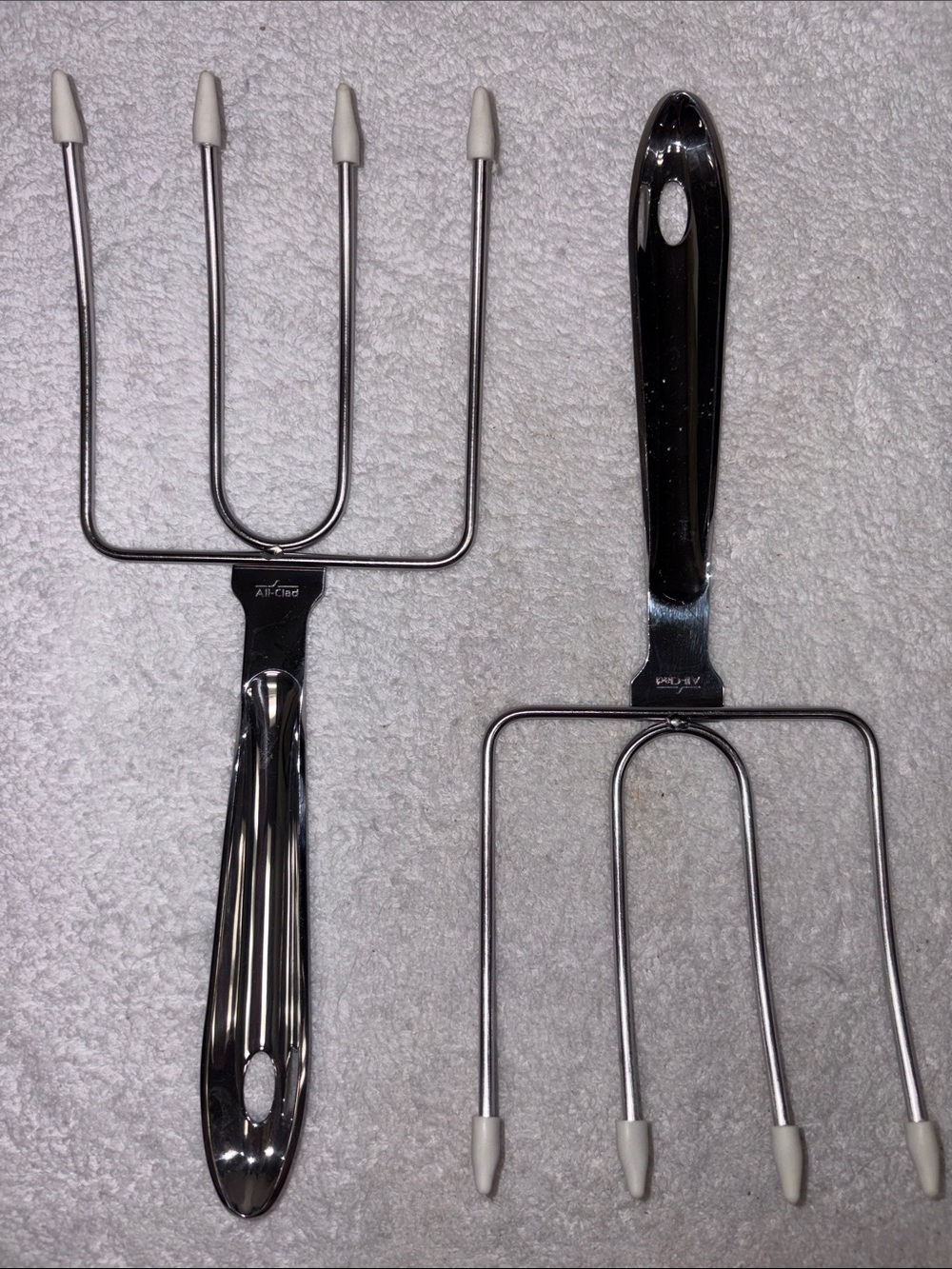 All clad  Stainless turkey lifter forks with White Tip Protectors